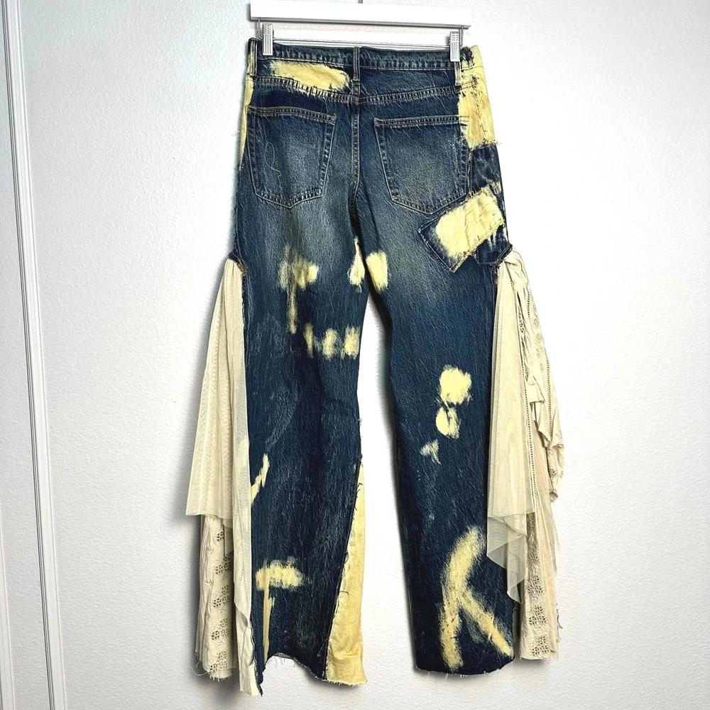 RARE We The Free People Martha Lace Bleach Ruffle Wide Leg Flare Jeans Indigo 28